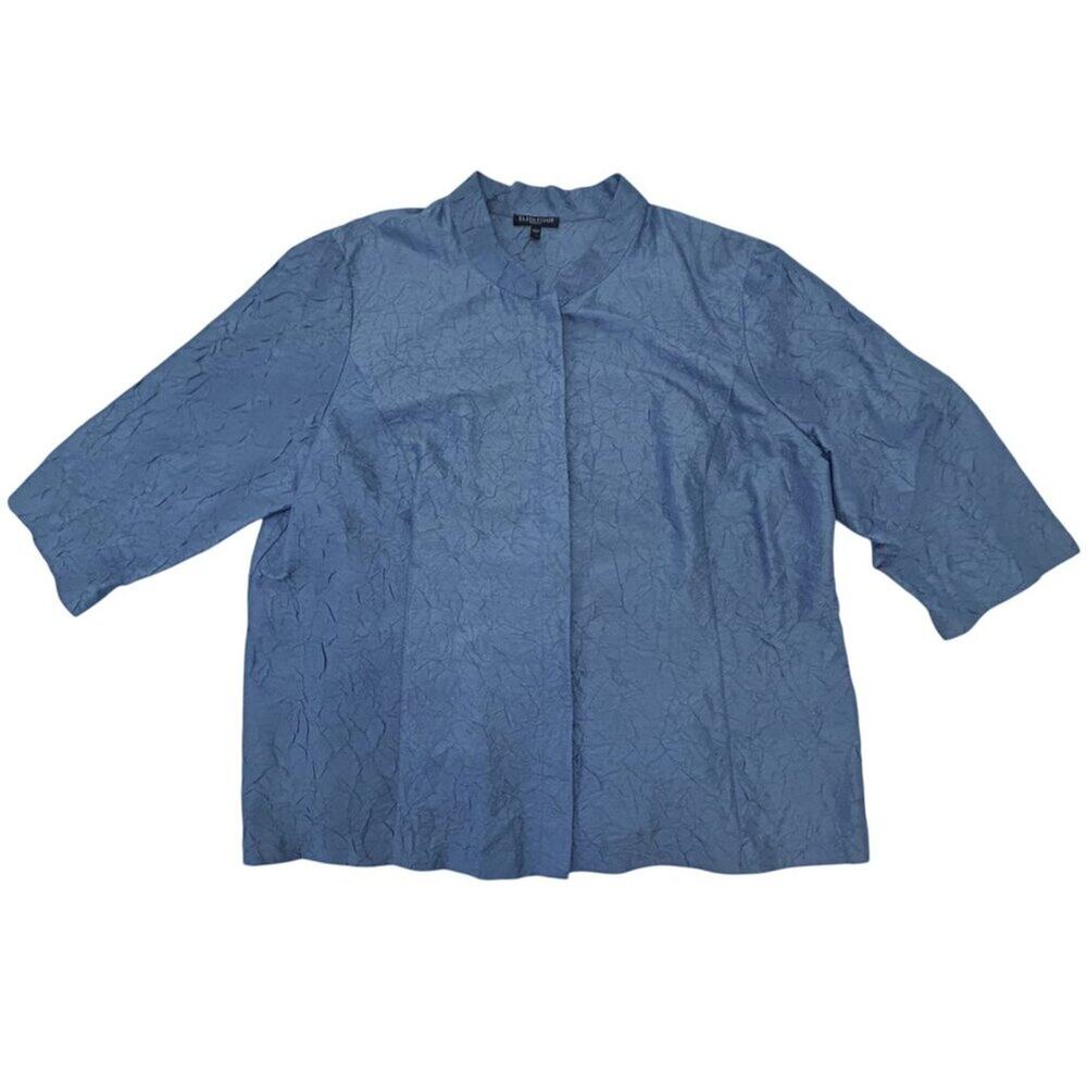 Eileen Fisher Woman Crinkled Silk Top Blue Mandarin Collar 3/4 Sleeve 1X